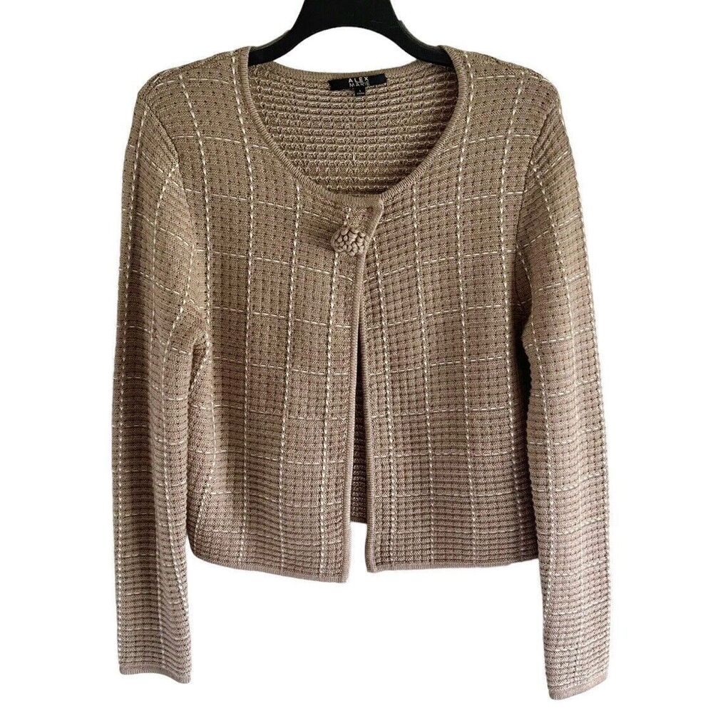 Alex Marie Brown Cardigan L Wool Sweater Flower Button White Grid Long Sleeve